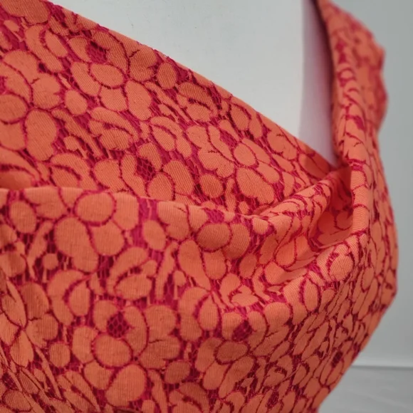 Black Halo Jackie-O Cotton Blend Raschel Lace Orange Pink Pencil Midi Dress Sz 2